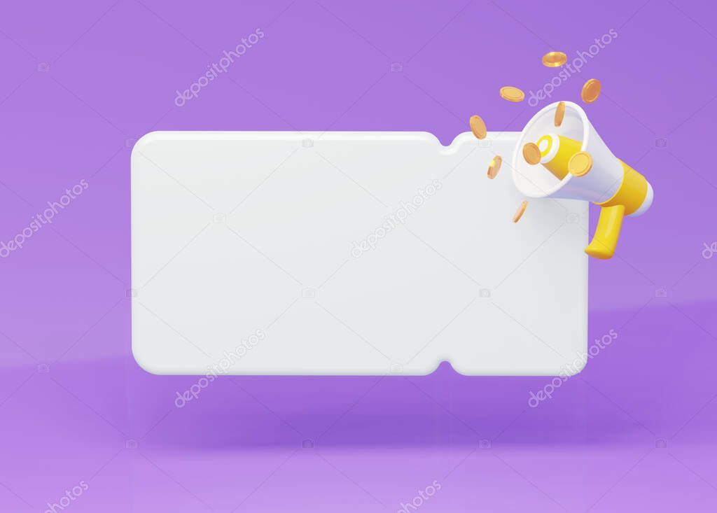 White blank discount coupon with loudspeaker speaker and flying coins on a purple background. 3d rendering