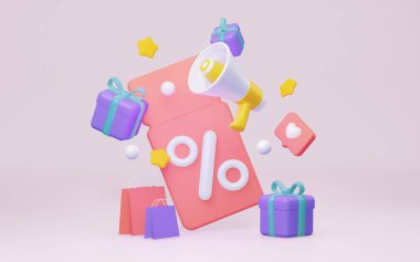 Hediyeli bir kupon ve yüzde işareti olan bir kupon. Online pazarlık alışverişi için yaratıcı bir kavram. 3d oluşturma