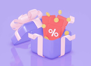 Kuponlar ve bozuk paralarla açık bir hediye. Uygun indirimler, satışlar kavramı. 3d oluşturma