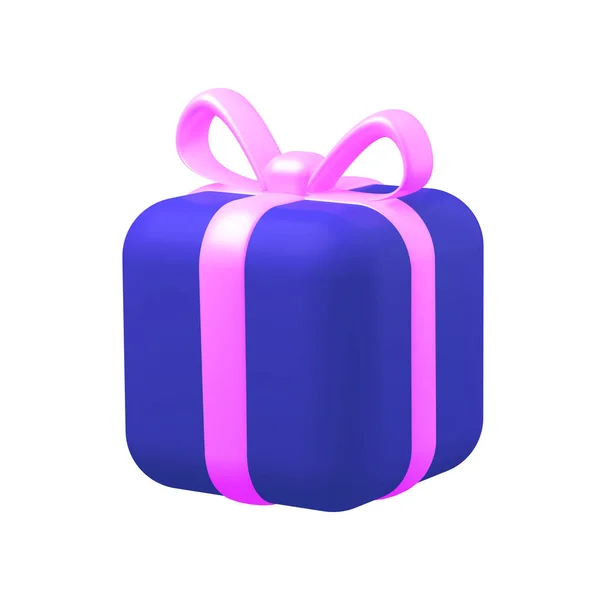 Ein blaues Geschenk mit rosa Schleife. Vereinzelt auf weißem Hintergrund. 3D-Darstellung — Stockfoto
