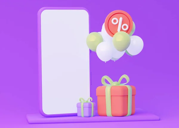 Een Mockup Van Een Mobiele Telefoon Met Geschenken Vliegende Ballonnen — Stockfoto