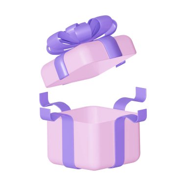 Büyük mor bir fiyonklu açık pembe bir hediye. 3d oluşturma.