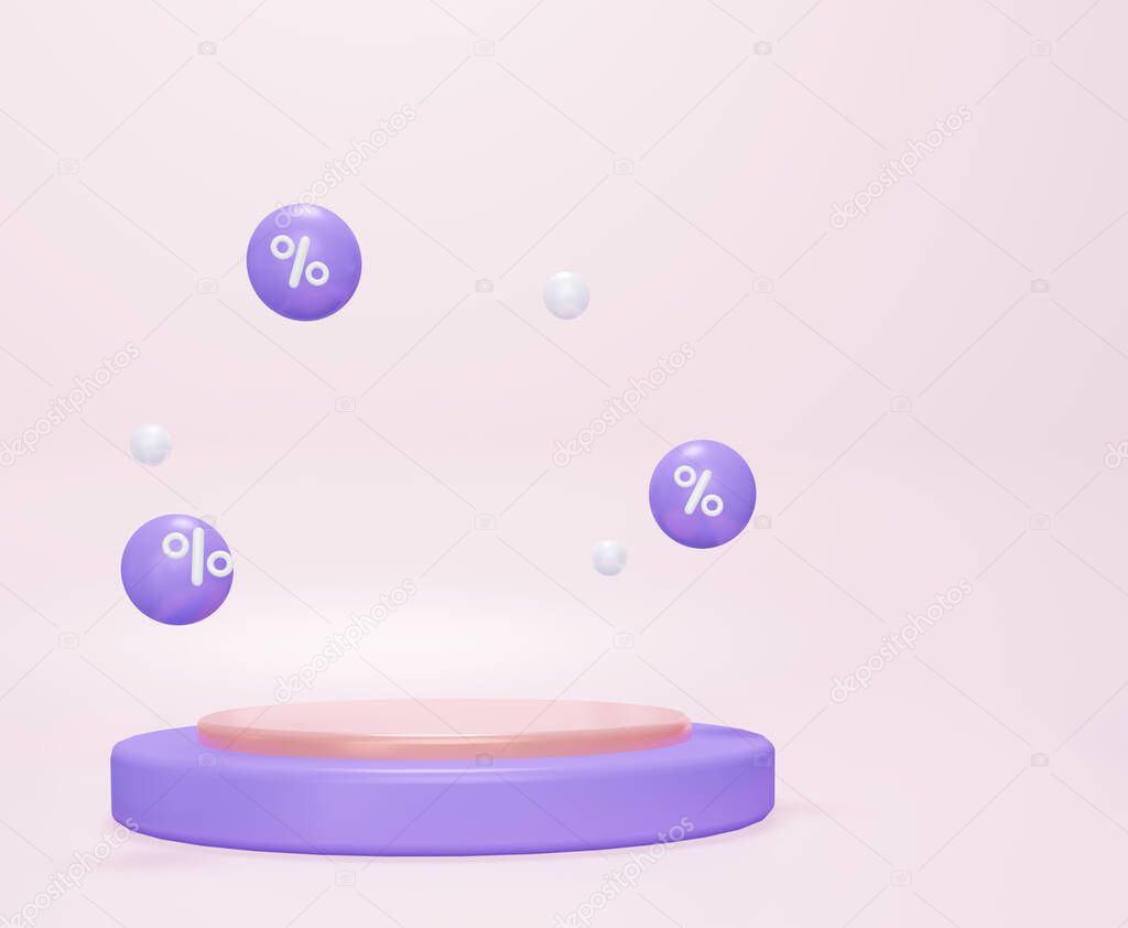 A pedestal for product sales, with flying percentages. 3D rendering illustration