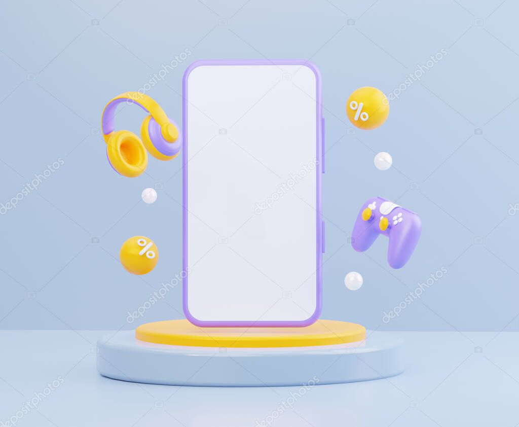 Mockup of a phone with a discount on the technology. In yellow and purple tones and a pastel blue background. 3D rendering illustration.