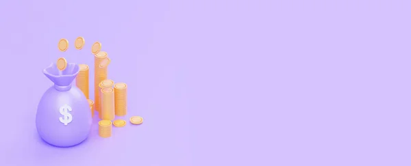 Ein Geldbeutel Mit Münzen Auf Violettem Hintergrund Rendering Horizontale Leere — Stockfoto