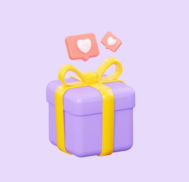 Sosyal medyada mor hediye kutusu sarısı. 3B görüntüleme.