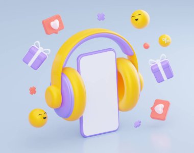 Sosyal ağda beyaz ekranlı ve sarı kulaklıklı akıllı telefonun bir kopyası. 3d oluşturma