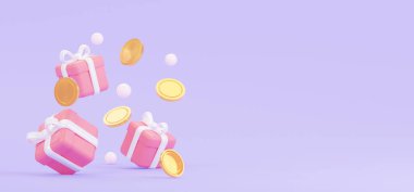 Dağınık hediye ve bozuk paralarla yatay web afişi. Metin için boş bir alanı var. Online satış için. 3B görüntüleme