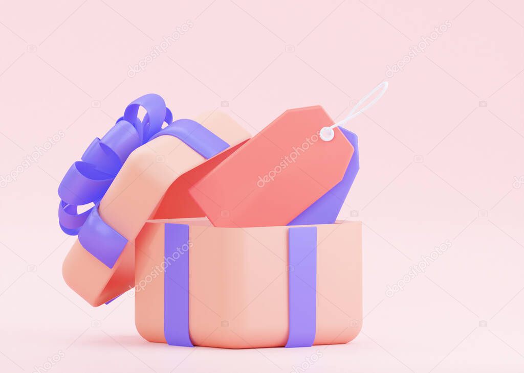 A blank Price tag label on an open gift with a large purple bow on a pastel background. 3D rendering