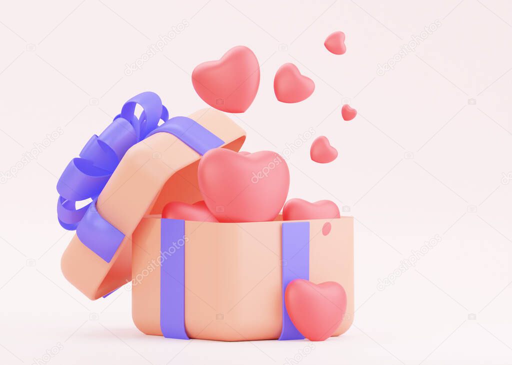 14 february, Valentine's day design. Realistic pastel gift box Opening full of shape hearts. Holiday banner, web, greeting card, Romantic background. 3D rendering.