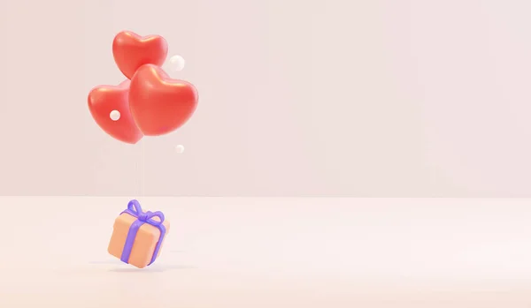 Globos 3d en forma de formas de corazón y una caja de regalo. Renderizado 3D —  Fotos de Stock