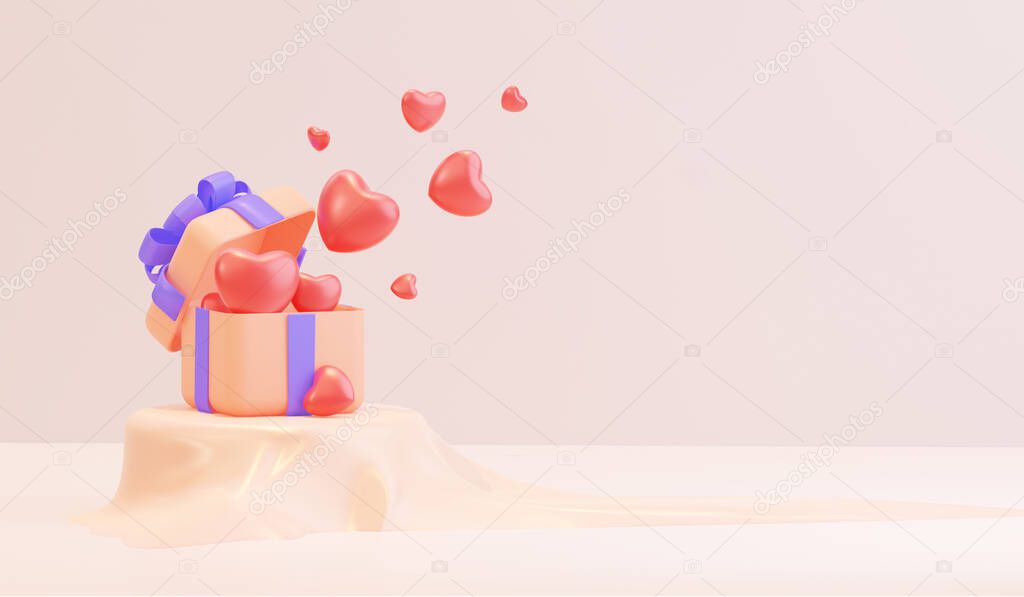An open gift box in pastel colors, full of hearts on the podium. Holiday banner, web, greeting card. Romantic background. 3D rendering.