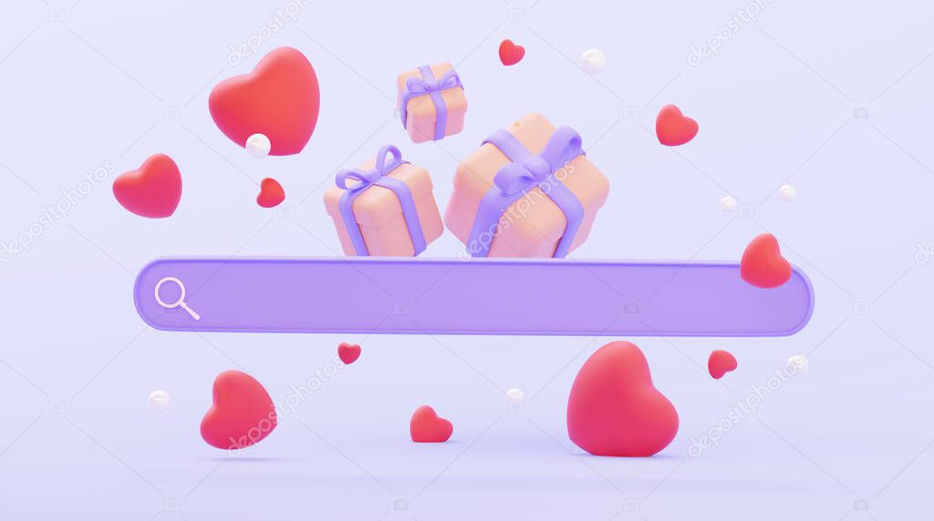 Search bar with gift and hearts. The concept of finding a gift for a date or for Valentines Day. 3D rendering.