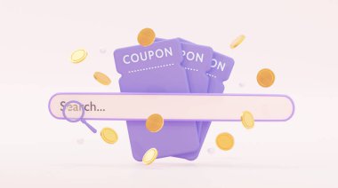 Arama çubuğu ve uçan paralarla 3 boyutlu kupon. Pazarlama, satış, online mağaza. 3B görüntüleme