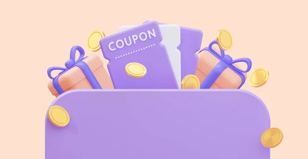 Gift coupons, coins with gifts and an empty space for text. 3D rendering — Stockfoto