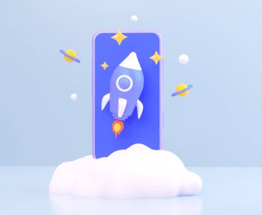Hızlı internet mobil konsepti. Cep telefonuyla uçan bir roket. 3B görüntüleme.