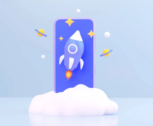 The concept of speed internet mobile. Flying rocket on a mobile phone. 3D rendering. — ストック写真