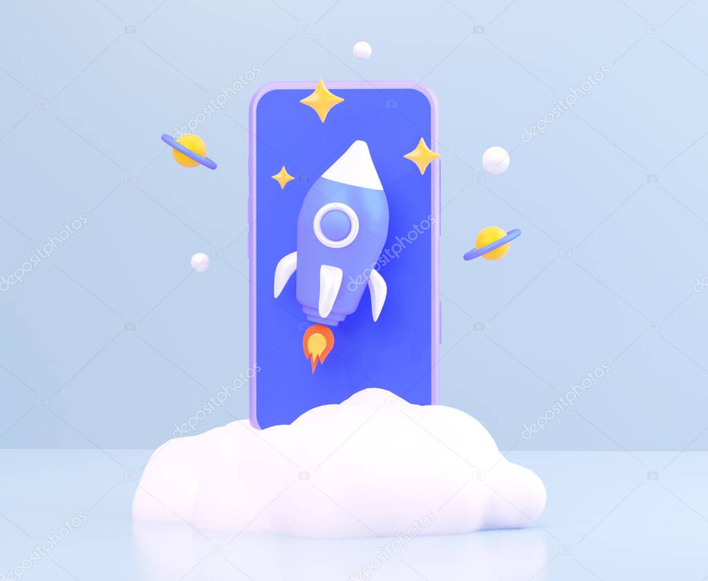 The concept of speed internet mobile. Flying rocket on a mobile phone. 3D rendering.