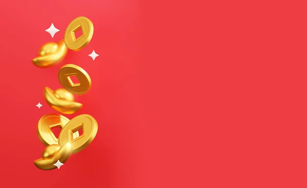3D Chinese gouden munten op een rode achtergrond voor een zakelijk of vakantie concept. Chinees goud yuanbao ingot. 3d destructie — Stockfoto