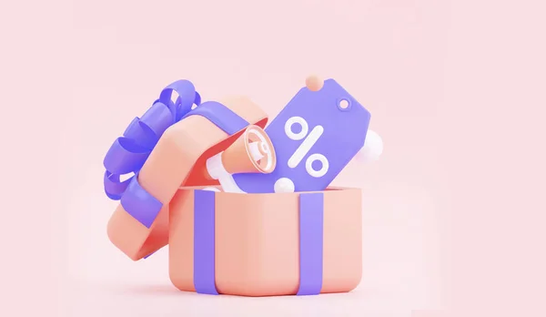 Een etiket met een procentteken met geschenkdoos. Creatief concept van online koopjes kopen. 3d destructie — Stockfoto