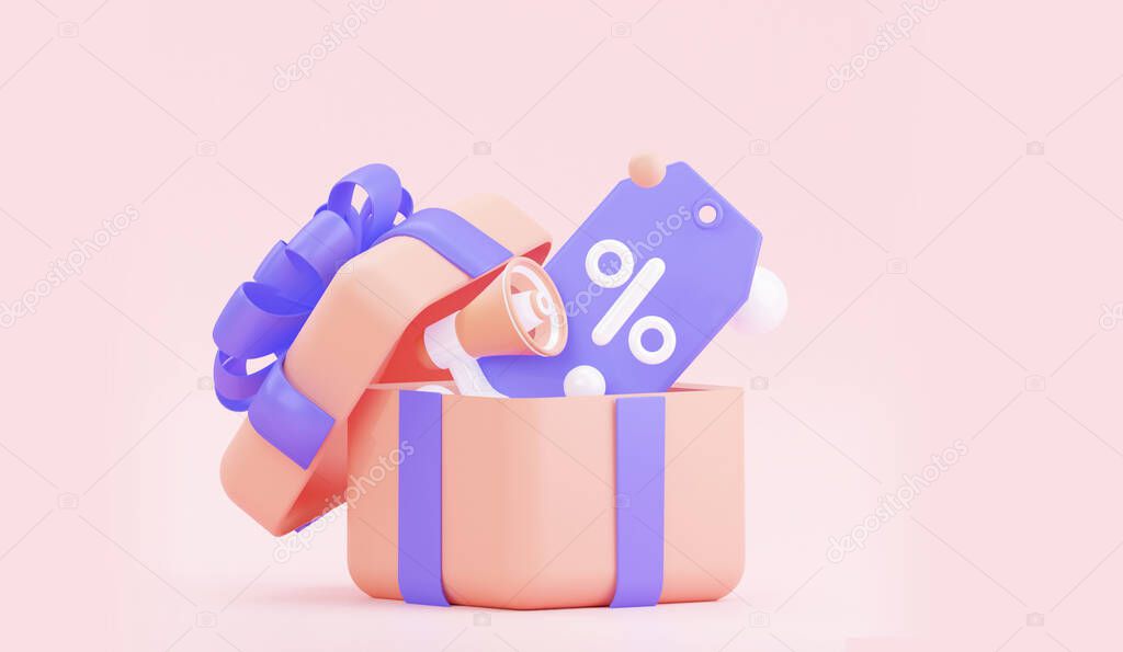 A label with a percentage sign with gift box. Creative concept of online bargain shopping. 3d rendering