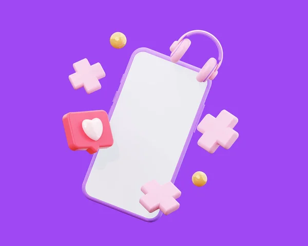 Pink headphones and a mobile phone with a white screen. 3d rendering. The concept of social networks — Fotografia de Stock