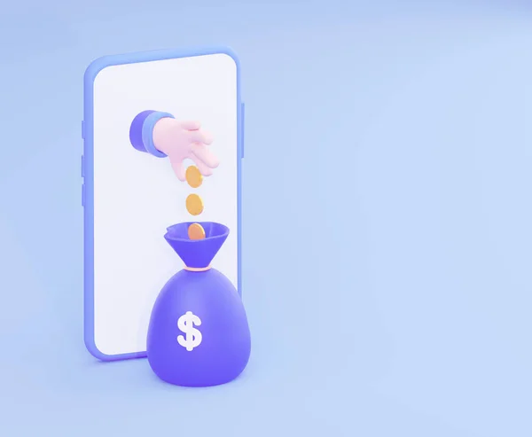 Notificación SMS de pagos en línea. La mano del teléfono lanza una moneda en una bolsa de dinero. Renderizado 3D —  Fotos de Stock