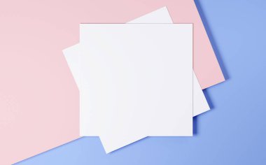 Mavi ve mercan zeminli kare beyaz bir broşür. 3d hazırlayıcı.