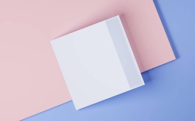 Davetiyeler için beyaz kare bir broşür ya da mavi ve pembe arka planda tebrik kartları. 3d oluşturma