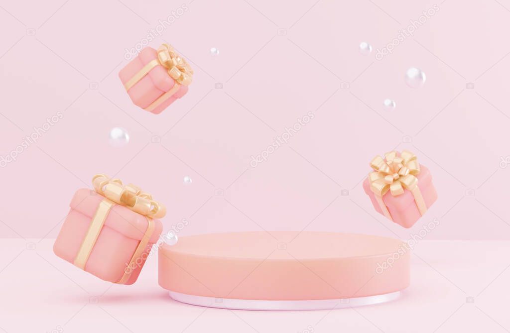 Podium pedestal for various cosmetics, shoes, pink round pedestal with gift boxes for anniversary or wedding. 3d rendering.