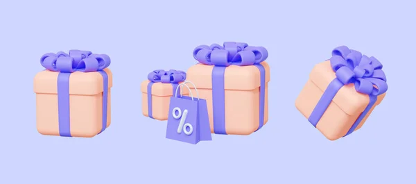 Una collezione di regali da diverse angolazioni con nastri. illustrazione di rendering 3d. Per le vendite, Festa della mamma, Compleanno — Foto Stock