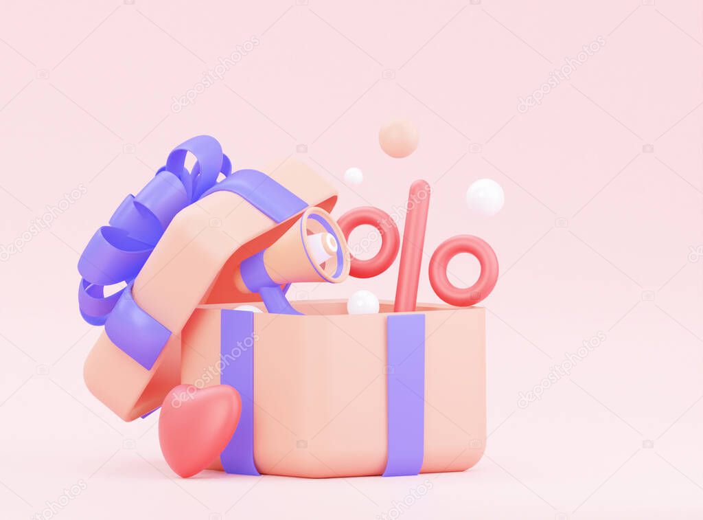 Sale of gifts for Mothers Day, Valentines Day. An open gift with a loudspeaker, a heart with a percentage sign. 3D render.