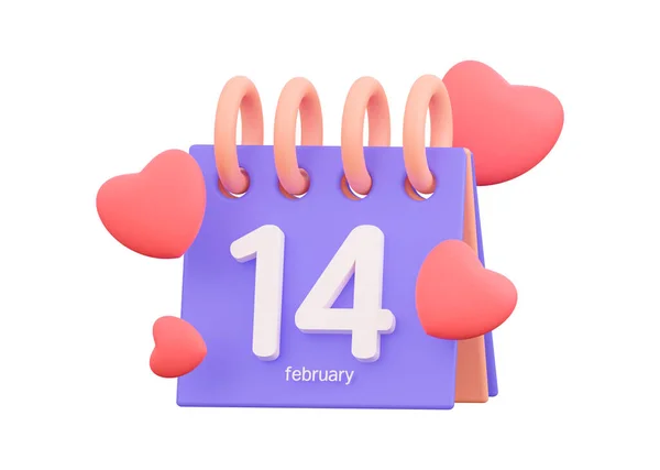 Calendário 3D com belos corações vermelhos. Um evento festivo em 14 de fevereiro. — Fotografia de Stock