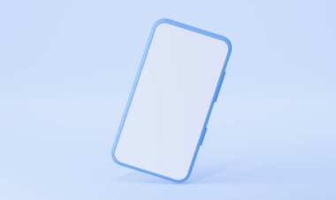 Mavi arka planda beyaz bir ekranı olan akıllı bir telefon. Minimalist tarzda. 3B görüntüleme