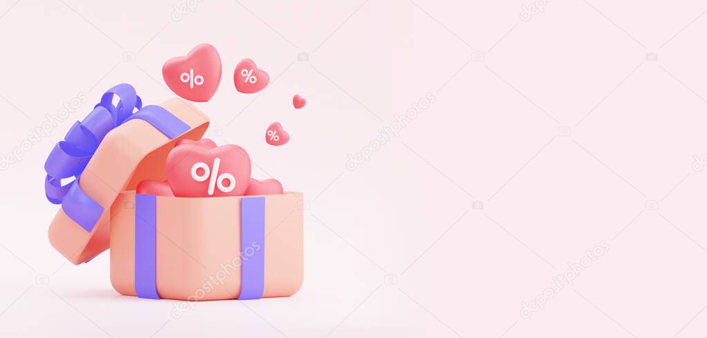 Birthday sale and romantic date. A gift with hearts. 3D rendering.