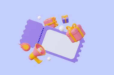 İndirimli 3D kupon. Hediye çekleri ya da kazançların satışı bildirimi. Hoparlörle uçan hediyeler. 3d hazırlayıcı