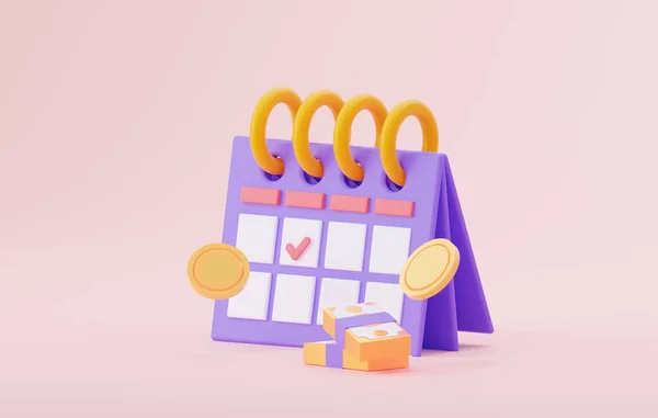 Planning van de salarisverdeling. Kalender met munten en een pak geld. 3D weergave illustratie. — Stockfoto