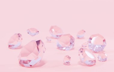 Pembe arka planda mücevher lüks elmaslar. Boş bir alanı var. Randevular, yıldönümleri, düğün etkinlikleri için. 3B resimleme.