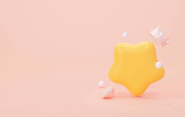 Tacı ve kristali olan sevimli sarı büyük bir yıldız. Kazanma konsepti, iyi şanslar. 3d resimleme