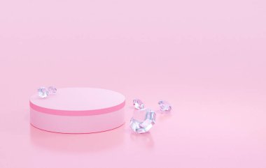 Kozmetik ürünler için asgari bir sahnesi olan bir podyum. Elmas süslemeleriyle. 3B görüntüleme