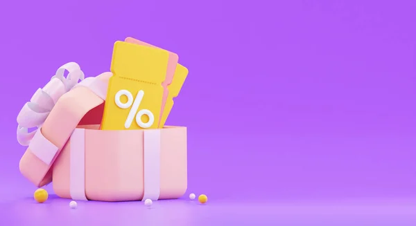 Ein Gutschein mit offenem Geschenk. Mit einem Prozent-Zeichen. Auf violettem Hintergrund. 3D-Darstellung — Stockfoto