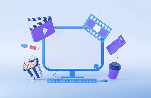 Guardare film attraverso un computer. Popcorn con bicchieri, petardi e bevande. — Foto Stock