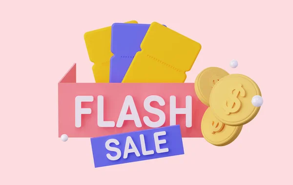 Flash Sale banner. With coupons for dicsount and coins. 3d rendering — Stock Photo, Image