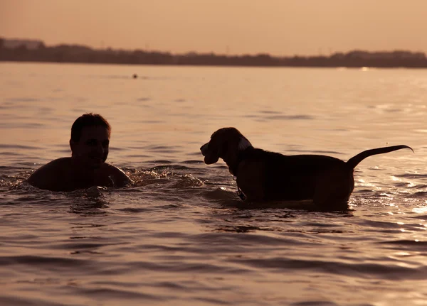 Tramonto di sera: ragazzo con il cucciolo in onde — Foto Stock