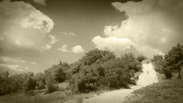Nuvens de lapso de tempo ao longo da estrada rural: metragem de filme antigo — Vídeo de Stock