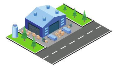 Modern daire tasarımı, Depo servisinin izometrik çizimi, teslimat servisi, kargo için kutuları, kamyonları, forkliftleri olan bir depo. Web sitesi ve mobil web sitesi veya İniş sayfası için kullanılabilir. Vektör illüstrasyonu E10