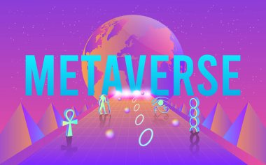 Geleceğin dijital teknolojisi kavramı 3D metaverse, akıllı telefonlar ve dijital cihazlar üzerindeki kullanıcılar için bir sanal gerçeklik teknolojisi. Vektör illüstrasyonu E10