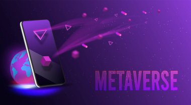 Geleceğin dijital teknolojisi kavramı 3D metaverse, akıllı telefonlar ve dijital cihazlar üzerindeki kullanıcılar için bir sanal gerçeklik teknolojisi. Vektör illüstrasyonu E10