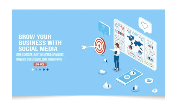 Sosyal Medya Izometrik Konsepti Çevrimiçi Sosyal Iletişim Uygulamaları Web Afişi — Stok Vektör