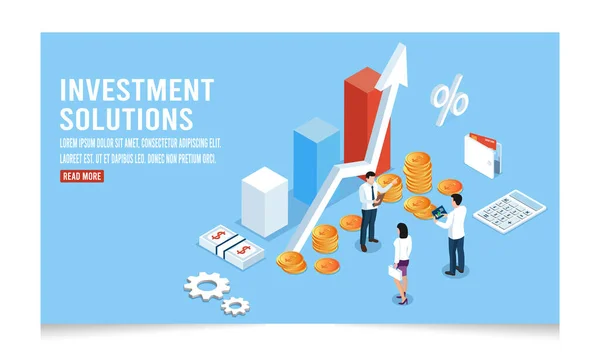 Izometrická Šablona Obchodních Řešení Pro Investice Analýza Tržeb Růst Dat — Stockový vektor